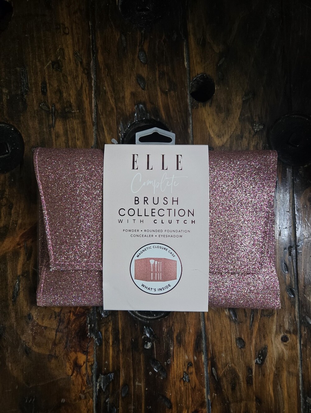 ELLE Complete 4-Piece Makeup Brush Collection with Pink Glitter Clutch